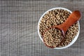 Top view spices coriander seeds in a wooden spoon, background Royalty Free Stock Photo