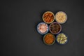 top view of spices in mini bowl of different colors