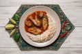 Top view of spicy and hot Bengali fish curry. Indian food. Fish curry with red chili, curry leaf, coconut milk. Asian cuisine. Royalty Free Stock Photo