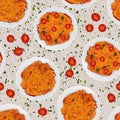 Top view of spicy pasta in sauce with tomatoes, parsley and herbs isolated on a light background.