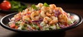 Top view of spicy thai seafood salad on black plate with copy space and selective focus Royalty Free Stock Photo