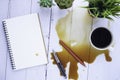 Top view of spill coffee cup dirty with open school notebook with blank pages, red pencil, and pen on white table background. Royalty Free Stock Photo