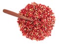 Top view of spoon on pink peppercorns on white Royalty Free Stock Photo