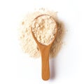 Top view of spoon with protein powder flour on white background Generated by AI .
