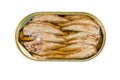 Top view of sprats in open tin can close-up