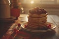 Top view of a stack of fluffy pancakes