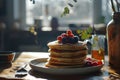 Top view of a stack of fluffy pancakes