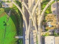 Top view stack interchange expressway and Houston skyline background