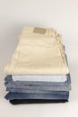 Top view of stack of jeans stacked on top of each other. Royalty Free Stock Photo