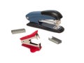 Top view of stapler, staple remover and staples isolate on white background. Royalty Free Stock Photo