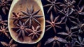 Top view star anise on a wooden spoon