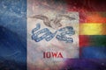 Top view of state lgbt retro flag of Iowa, USA with grunge texture. no flagpole. Plane design, layout. Flag background. Freedom