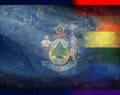 Top view of state lgbt retro flag of Maine, USA with grunge texture. no flagpole. Plane design, layout. Flag background. Freedom