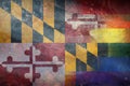 Top view of state lgbt retro flag of Maryland, USA with grunge texture. no flagpole. Plane design, layout. Flag background. Royalty Free Stock Photo