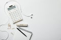 Top view of stationery, calculator, earphones Royalty Free Stock Photo