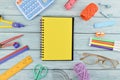 Top view of stationery tools and notebook with copy space Royalty Free Stock Photo