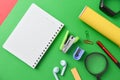 Top view of stationery tools and notebook with copy space Royalty Free Stock Photo
