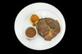 Top view of Steak with Kurobuta Pork mashed potatoes and brown sauce, focus selective Royalty Free Stock Photo