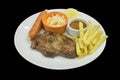 Top view of Steak with Kurobuta Pork Sausage coleslaw, french fried and pineapple, focus selective Royalty Free Stock Photo