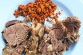 Top view steamed beef with galangal chili paste