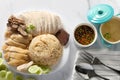 Top view Steamed chicken rice with chilli sauce and soup on white table background. Asia foods concept Royalty Free Stock Photo