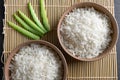 Top view: steamed cooked white basmati rice in round ceramic bowls over black stone Royalty Free Stock Photo