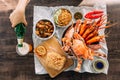 Top view of Steamed Giant Mud Crabs, Grilled Prawns Shrimps, Crab Fried RIce, Pepper and Garlic Soft-Shell Crab. Royalty Free Stock Photo