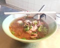 Top view, stewed beef noodles, Chinese herbs with vegetables in hot soup, Asian food concept Royalty Free Stock Photo