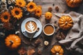 top view, still life of a cup of hot latte and pumpkins on an old wooden table against the background of beautiful autumn nature, Royalty Free Stock Photo