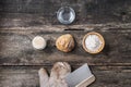 Top view of still life with homemade  sourdough bread bun and ingredients Royalty Free Stock Photo