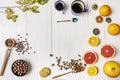 Top view of still life with variety of citrus fruits, chocolate bonbons,