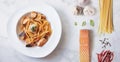 Top view, Stir fry spicy Salmon Pasta, with fresh ingredient Royalty Free Stock Photo