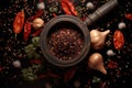 top view of a stone mortar with exploding peppercorns