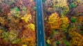 Top view of straight mountain forest roadway with autumn colors Royalty Free Stock Photo