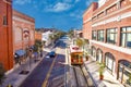 Top view of Street Car and vintage buildings in 8th ave on sky blue background. Royalty Free Stock Photo