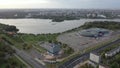 Top view of the street and sports complex in Chizhovka.Chizhovka district with a sports complex in Minsk.Belarus