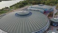 Top view of the street and sports complex in Chizhovka.Chizhovka district with a sports complex in Minsk.Belarus