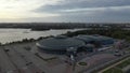 Top view of the street and sports complex in Chizhovka.Chizhovka district with a sports complex in Minsk.Belarus