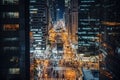 top view of the streets of a big city with skyscrapers, many people walking along the sidewalks, night time Royalty Free Stock Photo