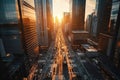 top view of the streets of a big city with skyscrapers, many people walking along the sidewalks, sunset Royalty Free Stock Photo