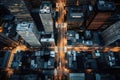 top view streets of a big city with skyscrapers, night time