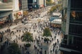 top view of the streets of a big city with skyscrapers, unrecognizable mass of people walking around the city Royalty Free Stock Photo