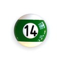 Top View Stripped Green Pool Billiard Ball Number 14 Isolated on White Background.