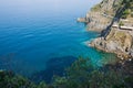 Top view of the stunning color of the sea, the mountains and the road of love. View from the coast of Riomaggiore. Cinque Terre.