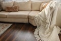 Top view of stylish brightly part of living room with old vintage suitcase and potted plant on luxury wooden floor