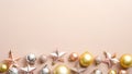 Top view stylish Christmas decorations on ivory background. Flat lay golden, silver and pink Xmas balls and stars. Merry Christmas Royalty Free Stock Photo