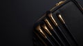 Top view of stylish cosmetic bag with different brushes. Dark black and gold color palette. Generative AI