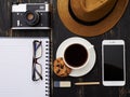 Top view of stylish man working surface mockup Royalty Free Stock Photo