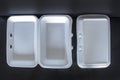 Top view of Styrofoam takeaway boxes, white foam boxes, rectangular shaped clamshell style container with an attached lid, on Royalty Free Stock Photo