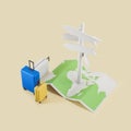 Top view of suitcase and world earth map with direction signs. Mockup copy space